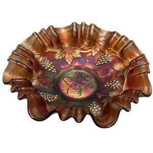 Vtg Fenton Amethyst Carnival Glass Bowl Grapes Leaves Iridescent Ruffled Edge